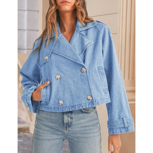 Women’s Light Blue Cropped Denim Trench Jacket Double Breasted Lightweight - Picture 5 of 6